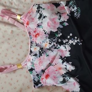 MODLILY® Cross Hem Floral Print Pink Tankini Top